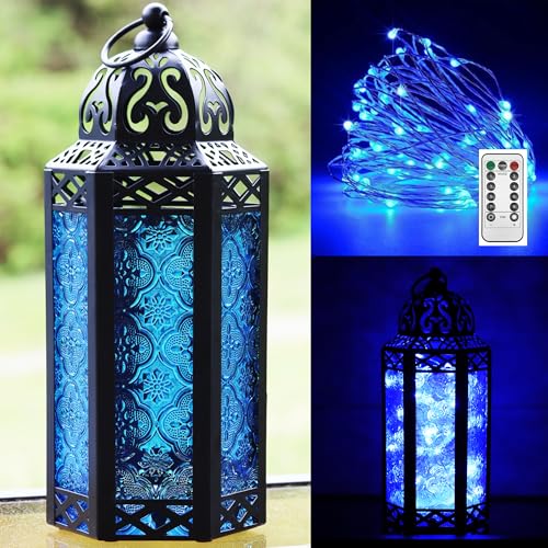 VELA LANTERNS Metal Moroccan Decorative LED Fairy Lights Candle Lantern Holders for Indoor Home Fantasy Decor, Table Centerpieces, Outdoor Patio or Porch, Weddings, Blue, Medium