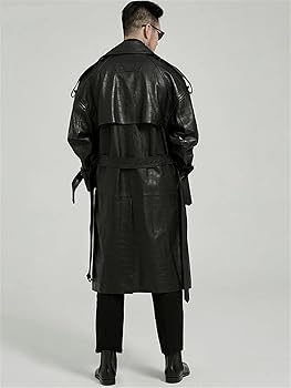 ジャケット・アウター LEATHER COMBINATION DOUBLE LAPEL COAT Mens Double Breasted PU Leather Trench Coat - Windproof