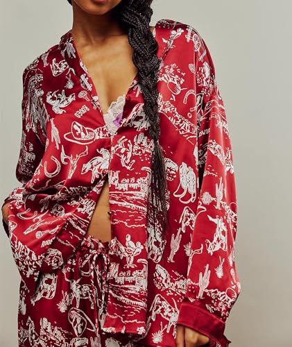 Image of Women Satin Pajama Set Floral Silk Pajamas 2 Piece Lounge Sets Button Down Shirts Wide Leg Pants Pjs Sleepwear