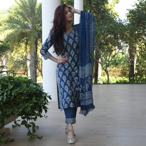 Image of Indigo Blue Printed Cotton Kurta Set with Dupatta, Ethnic Indian Wear