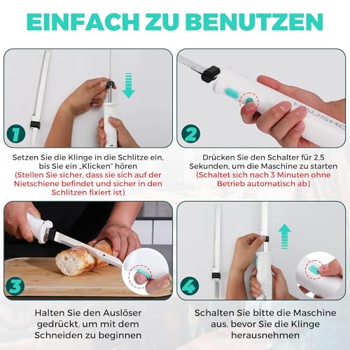 Foto von HAUSHOF Elektromesser, Kabelloses Küchenmesser mit 2 Edelstahlklingen, Elektrisches Messer mit Gabel, 2000 mAh Akku für Präzises Schneiden von Brot, Fleisch und Käse, mit Aufbewahrungsbox, Weiß