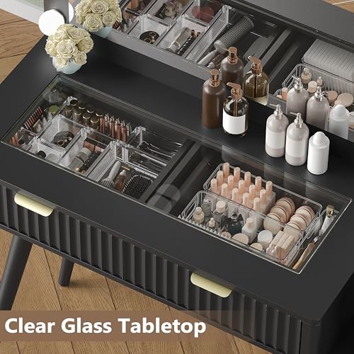 Image of Makeup Vanity Desk with Mirror and Lights, 45 inch Fluted Wood Vanity Desk with Glass Top, 5 Drawers & RGB Glass Cabinet, Power Outlet, Mid Century Modern Dressing Table Set for Women Girls Bedroom