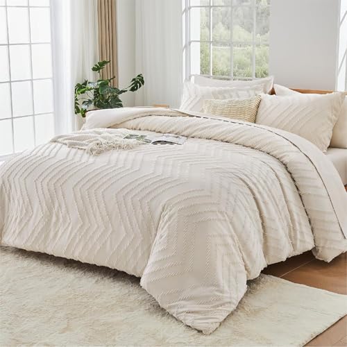 Image of Andency Beige Queen Comforter Set, Bed in a Bag - 7 Pieces Boho Tufted Cream Bedding Set with 1 Comforter, 1 Flat Sheet, 1 Fitted Sheet, 2 Pillow Shams, 2 Pillowcases