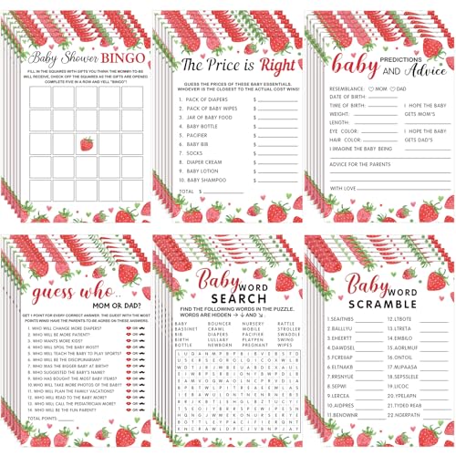 Image of Jetec 302 Pcs Strawberry Theme Baby Shower Games, 6 Games, 50 Sheets Each, Baby Shower, Word Scramble, Word Search, Predictions and Advice, The Price is Right