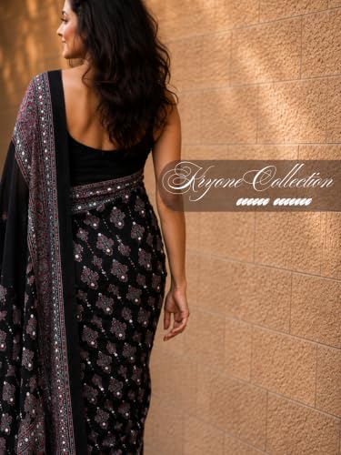 Image of Ajrakh Modal Silk Saree for Women | Mirror Work Black Saree | Gajji Silk Red Pallu Tassels | Designer Sarees for Women Party | Ajrakh Print Saree | Modal Silk Sarees Original