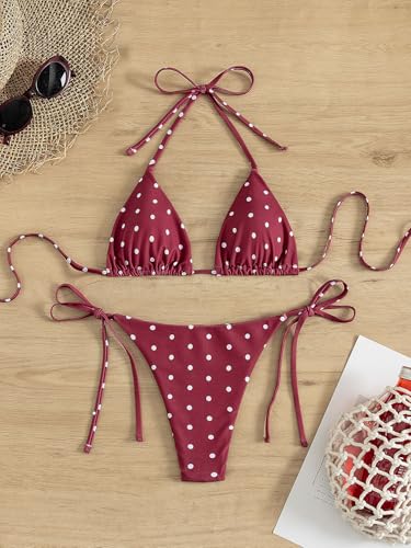 Image of Tainehs Women's Sexy Halter Thong Bikini Tie Two Sides Bottom Triangle Bikini Swimsuits