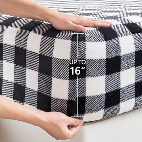 Image of BEDELITE Fleece Sheets Queen Size Bed Set, Luxury Black and White Plaid Winter Bedding Set, Super Soft & Warm Fuzzy Flannel-Like Sheets 4 Piece(Include Fitted Sheet, Flat Sheet, 2 Pillowcases)