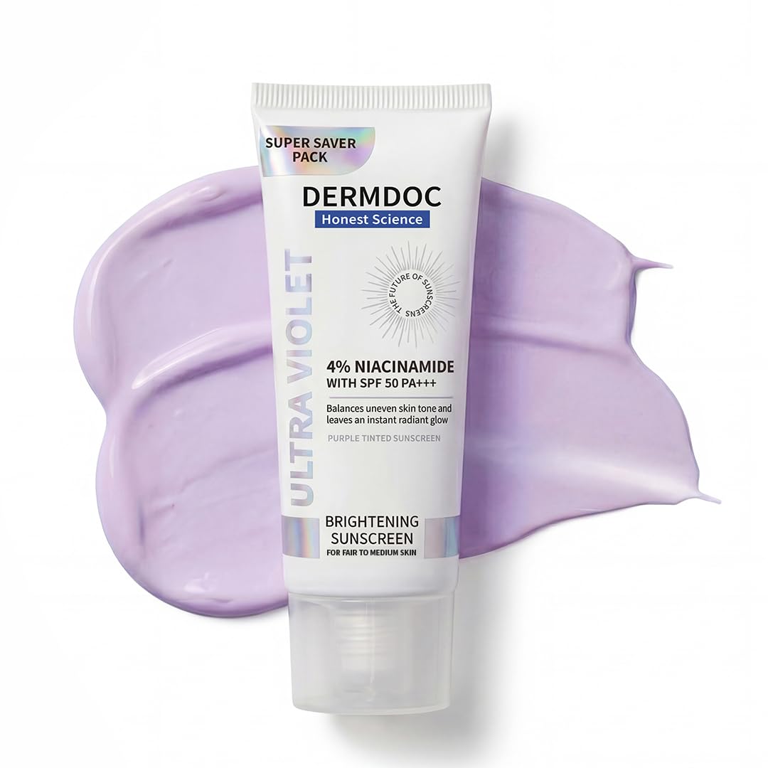 DERMDOC SPF 50 Ultra Violet Brightening Tinted Sunscreen with 4% Niacinamide, 100g | PA +++ | With Purple Tint | Evens Skin Tone | Lightweight | UVA & UVB Protection | Zero White Caste | Strengthens Skin Barrier | Ultra-Light & Non-Greasy-image-26