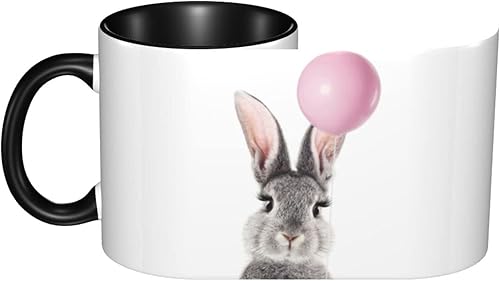 Miniatura 2 de Taza de café de cerámica con diseño de conejito sosteniendo un globo rosa, divertida taza de té de 12 onzas para oficina, trabajo, cumpleaños, día