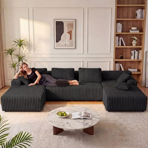 Image of LAUSAINT HOME 132 inch Modular Sectional Sofa Couches, U-Shaped Boneless Cloud Sofa with 4 Deep Seat, 6 Cushiones Oversized Chaise for Living Room, Bedroom, Plush Corduroy Fabric (U Shaped Sofa, Black)