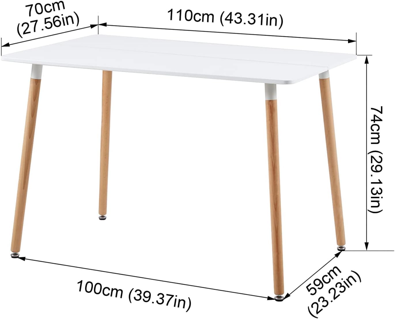 Prostokątny stół do jadalni 110 × 70 × 75 cm, biały, MDF stół kuchenny z nogami z drewna bukowego, solidny stół do jadalni dla 4-6 osób, łatwy w pielęgnacji, drewniany stół (tylko stół)