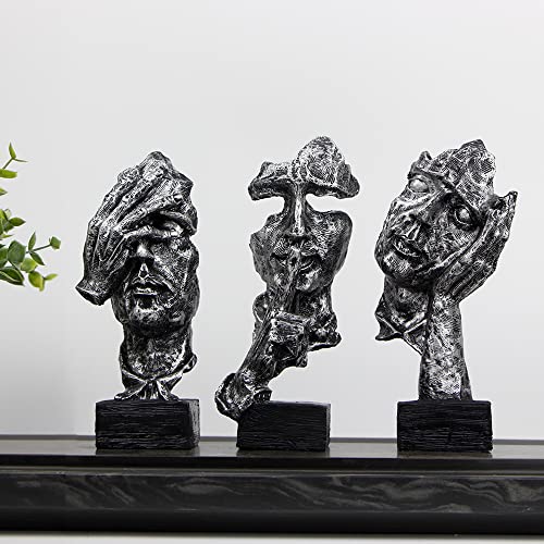 Fumisee 3 Pcs Thinker Statue, Silence Is Gold Abstract Art Figurine, No Hear No See No Speak Modern Home Resin Sculptures Decorative Objects Desktop Decor(Silver) #TOP3