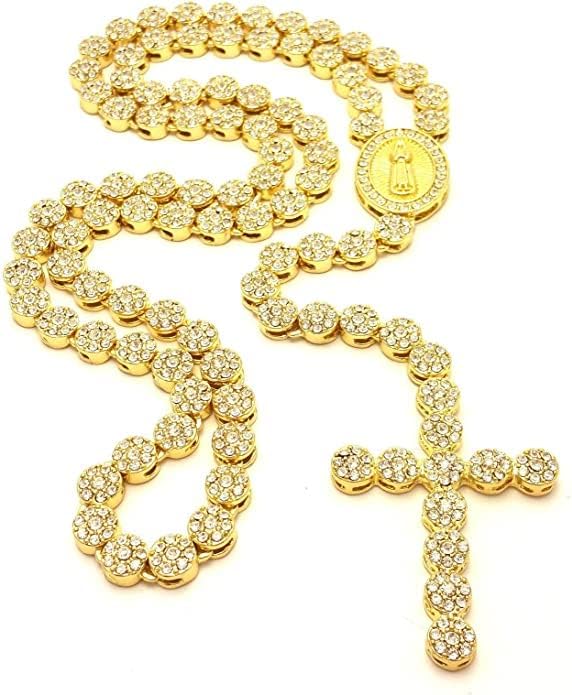 Mens Icedout 14K Yellow Gold Finish Cubiczirconia Flower Cluster Rosary Necklace