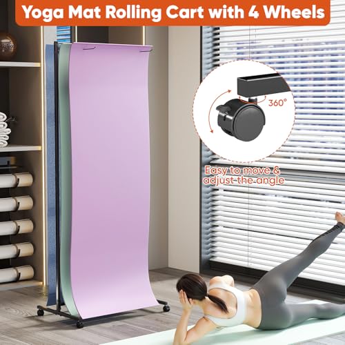 ybaymy Hanging Yoga Mat Holder Commercial Metal Exercise Mat Storage Rack on Wheels Large Capacity Yoga Mat Organizer for Gym Workout Room Equipment