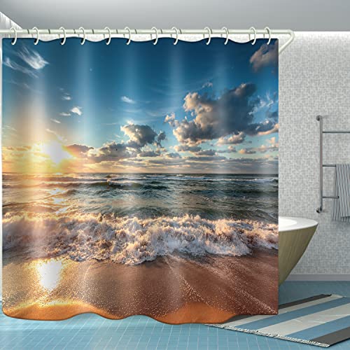 LYFANS Cloudy Sunset Beach Shower Curtain, Ocean Waves, 72 * 79 in