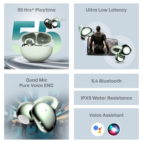 Image of truke TruClips Wireless Open Ear Buds with 55H Battery, 12mm Custom Drivers, Spatial Audio, Premium Leather Dual Form Design, Low Latency, Quad Mic ENC, Ambient Awareness, IPX5 - MintMist