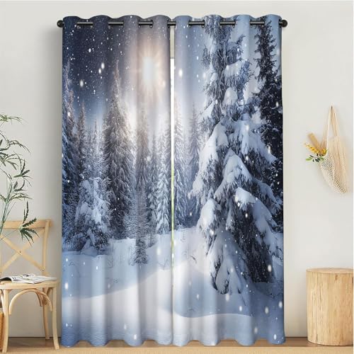 MULERN Cortinas Termicas, Aislantes Frio Cortinas Opacas, Dormitorio 2 Piezas 140An x 260Al cm Paisaje Cortina con Ojales, Cortina Bosque Nieve Gris Azulado para Salon/Comedor