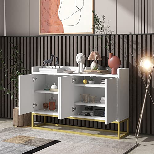 Runna Modern Sideboard Elegant Buffet Cabinet With 4 Doors Storage Cupboard And Display Shelves, Buffet Server Console Table Floor Cabinet With Gold Metal Base For Dining Room/Entryway (White) #TOP2