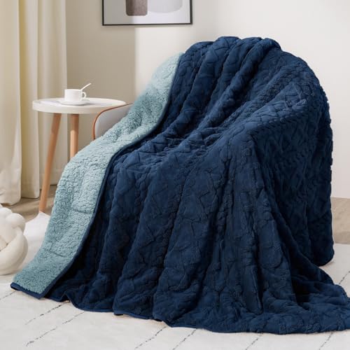 Image of Drewin Weighted Blanket for Adults Queen Size 15lbs, Soft Cozy Jacquard Sherpa Weighted Blankets for Sleeping and Calming, Fluffy Throw Blanket for Couch Bed, 60 x 80 inches, Dark Navy