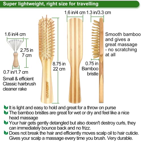 Bamboo Hair Brush With Cleaner Tool For Womens Thick Thin Curly And Straight Hair, Bamboo Bristles Help Hair Growth, Enhance Shine & Health - 2 Pack #TOP1