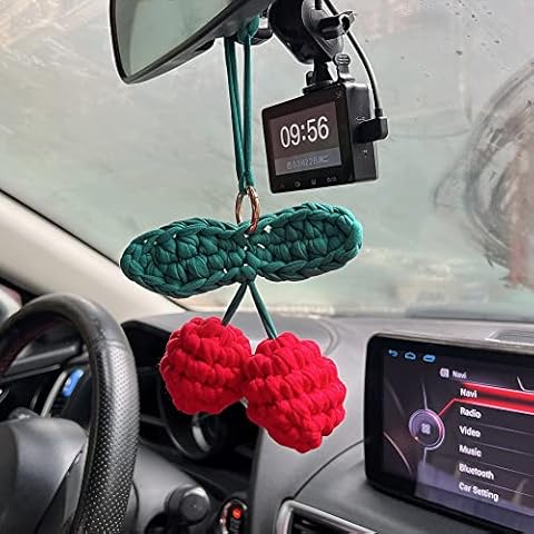 AMIORO Hand Knitted Cherry Pendant Hanging Ornament for Car Rear View Mirror Accessories Gift Cover