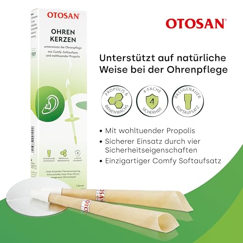 OTOSAN Ohrenkerzen zur Pflege und Hygiene bei Ohrenbeschwerden - 2 Stk natürliche Ohrkerzen mit Propolis - 4 Safety Features - Medizinprodukt