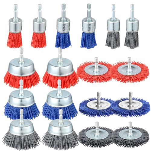 18 Pack Nylon Filament Abrasive Wire Brush Wheel &amp; Cup Brush Set, Nylon Brush for Drill with 1/4”Hex Shank for Removal of Rust Corrosion Paint-80 Grit, 120 Grit, 240 Grit