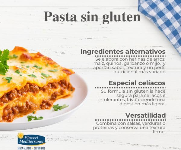 Piaceri Mediterranei Lasaña de Maíz Sin Gluten Pack 2x250g Placas Veganas Pasta para Lasaña 100% Maíz Textura Firme Apta para Celíacos