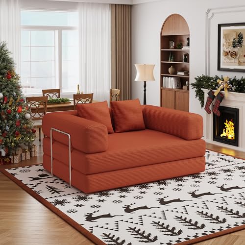 Convertible Futon Sofa Bed, 2 Seater Corduroy Floor Queen Size Bed Foldable Sleeper Lounge Boneless Loveseat Couch with 2 Throw Pillows for Living Room Bedroom Guest Room(Orange, 53.15'Double Sofa)