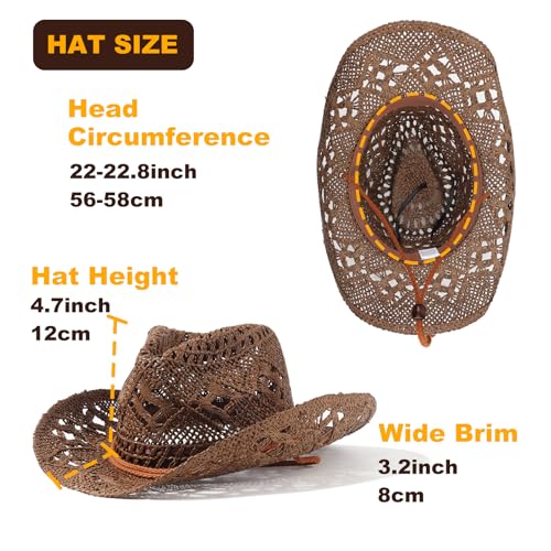 Image of DRESHOW Straw Cowboy Cowgirl Hat for Women Men Western Coastal Cowboy Beach Hat with Shapeable Brim Unisex Rolled up Caps