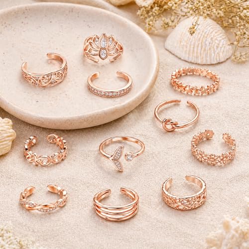 Image of 12PCS Toe Rings for Women 14K Gold /Silver Plated Adjustable Toe Ring Set Open Heart Arrow Infinity Rings Beach Foot Jewelry for Summer