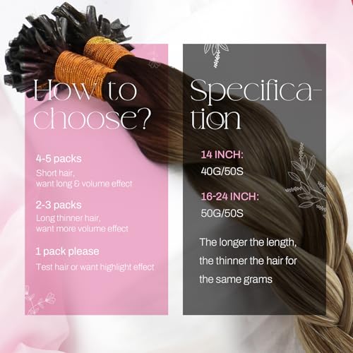Image of Moresoo U Tip Hair Extensions Brown Bleach Blonde Balayage, 14 Inch | 50g 50 strands, remy human hair, lightweight keratin tips, adds buildable fullness for fine hair, daily wear, natural styling