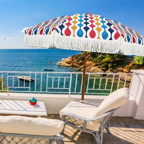 Image of AMMSUN 7ft Patio Umbrella with Fringe Outdoor Tassel Umbrella UPF50+ Premium Steel Pole and Ribs Push Button Tilt, Wave Colorful