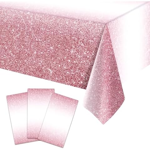 3-Piece 54 x 108 Inch Glitter Gradient Plastic Tablecloth - Disposable Rectangle Table Cover for Dining, Picnic, Wedding, Birthday, Anniversary, Festive Themed Indoor Outdoor Decorations (Rose Gold) Cover