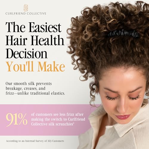 Image of Curlfriend Collective Onyx Midi Curly Hair Silk Scrunchies for Women, Black | 22 Momme Mulberry Silk Hair Ties for Curly, Coily, and Wavy Hair - Black, Pack of 4