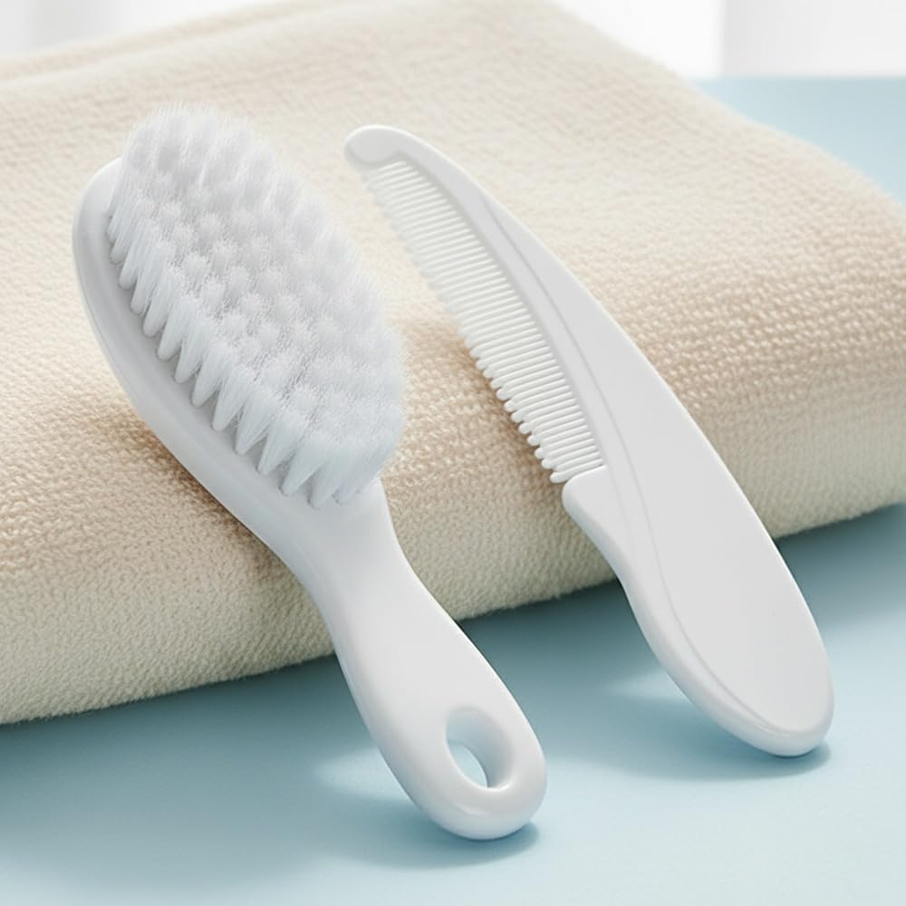 Hopop Baby Comb & Brush Set | Soft Bristle Brush & Rounded Teeth Comb for Gentle Hair Grooming | Anti-Slip Handle Hair Brush & Comb for Newborns & Toddlers | Suitable from Birth (0M+) | Pack of 2 | White-image-0