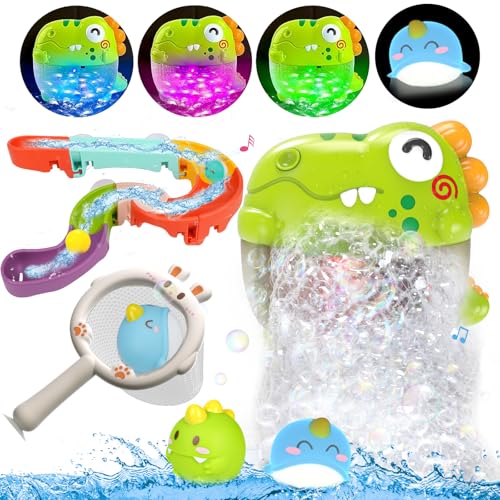Toddler Bubble Bath Toys, Light Up Bath Bubble Machine Toy for Kids Age 3-5 Baby Bathtub Toy Slide Dinosaur Bubbles Maker with Music Floating Animal Water Toys Boy Girl