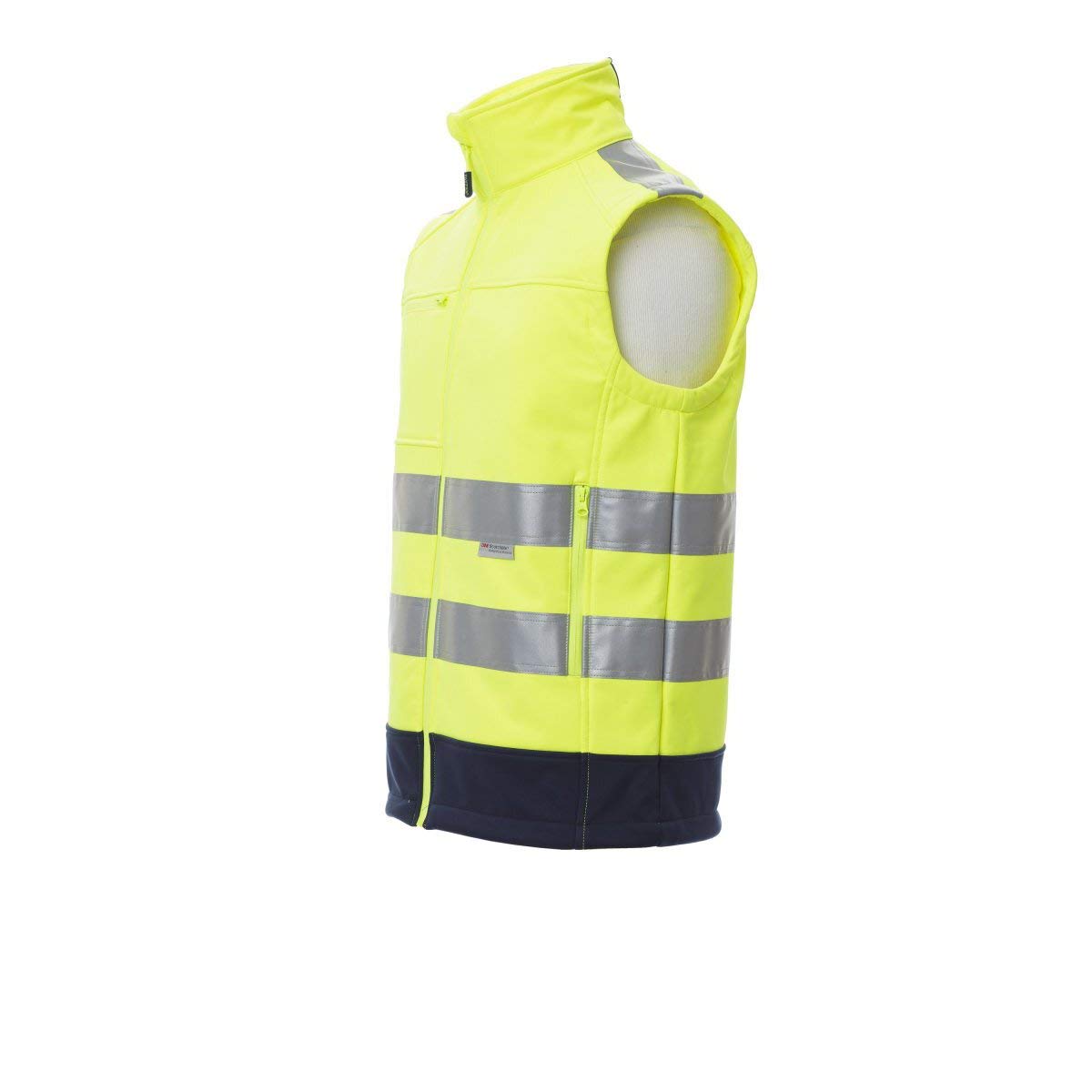 PAYPER Traffic Gilet Softshell Alta visibilità Uomo da Lavoro 100% Poliestere Chiusura Zip Bande Riflettenti Tasca al Petto Porta Badge Giallo Fluo/Blu Navy (3XL)