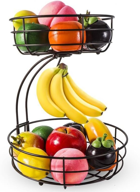 KAYIN 2-Tier Countertop Fruit Basket Bowl with Banana Hanger, Metal Wire Fruit Basket Holder Organizer for Kitchen, Black, 101 Ounces