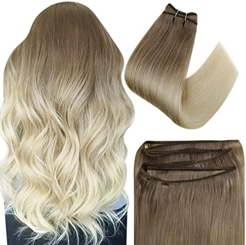 Easyouth Ombre Sew in Hair Extensions, Gradient Weft Hair Extensions Human Hair Ombre Ash Brown Fading to Platinum Blonde Sew in Weft Hair Extensions Human Hair 12Inch 70g
