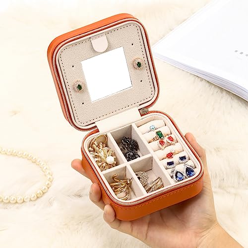 Image of TRODANCE Jewelry Travel Case with Mirror,Small Travel Jewelry Organizer, Portable Jewelry Box Travel Mini Organizer Portable Display Storage Box for Rings Earrings Necklaces (Orange)