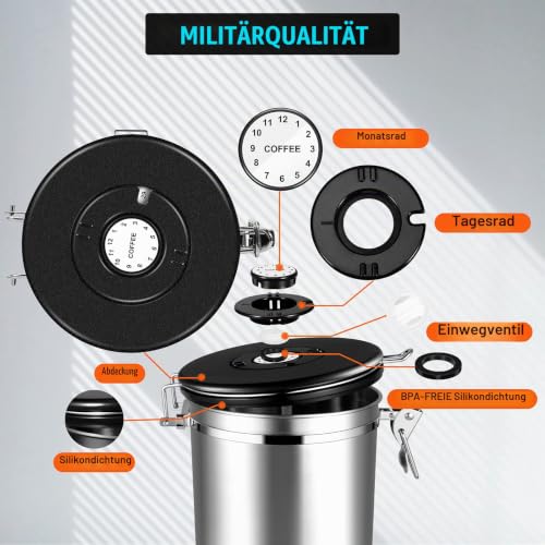 Foto von Kaffeedosen Luftdicht 1kg Bohnen, 2800ML Kaffeebohnen behälter Kaffeebehälter Vorratsdosen aus Edelstahl mit Datums-Tracker, 30ML Messschaufel und CO₂-Ventil für Kaffee Kaffeebohne Pulver, Zucker, Tee