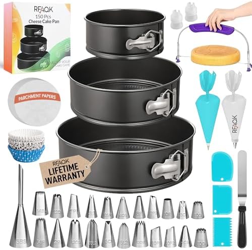 RFAQK 150PCs Cake Pan Set for Baking + Cake Decorating Supplies: 3 Round Non Stick Springform Pan Set (4, 7, 9 inches),24 Icing Tips,Cake Leveler–Multi-functional Leak-Proof Cake Pans & eBook