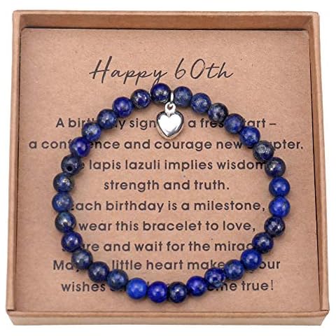 Giuesytic Birthday Gifts for 60 Year Old Woman Lapis Lazuli Bead Bracelet with Sterling Silver Heart Charm Gifts for Turning 60 with Card and Gift Box Cover