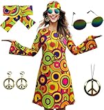 ELFIN Hippie Kleidung Damen Hippie Kleider, Rundhals Party Kleid, 60er 70er Hippie Kostüm, mit Brille, Haarband, Halskette, Ohrringen, Disco-Outfit Damen Karneval Halloween, S, Bunt