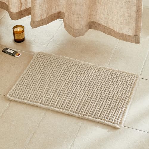 Beige Bathroom Rug, Waffle Bath Mat Non Slip Washable Super Absor...