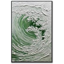 V-inspire 3D Textured Wave Oil Painting, 24x36 Inches, Green and White Abstract Canvas Art with Black Frame