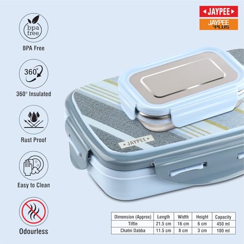 Image of JAYPEE Ecosteel Sr. Inner Stainless Steel Insulated Lunch Box for School Kids |Airtight Leakproof Tiffin Box for Kids |Food Grade|BPA Free, 550 ml, Blue