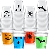 Widecook 100 Pack 3 oz Halloween Plastic Shot Glasses Disposable Party Shot Cups Bulk Ghost Pumpkin Spider Bat Clear Mini Tasting Cups for Halloween Whiskey Party Favors Drinking Supplies