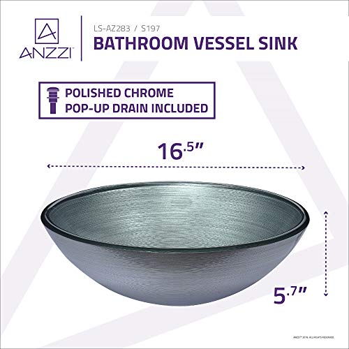 Anzzi Posh Modern Tempered Glass Vessel Bowl Sink In Brushed Silver | Silver Top Mount Bathroom Sinks Above Counter | Round Vanity Countertop Sink Bowl With Pop Up Drain | Ls-Az283 #TOP3